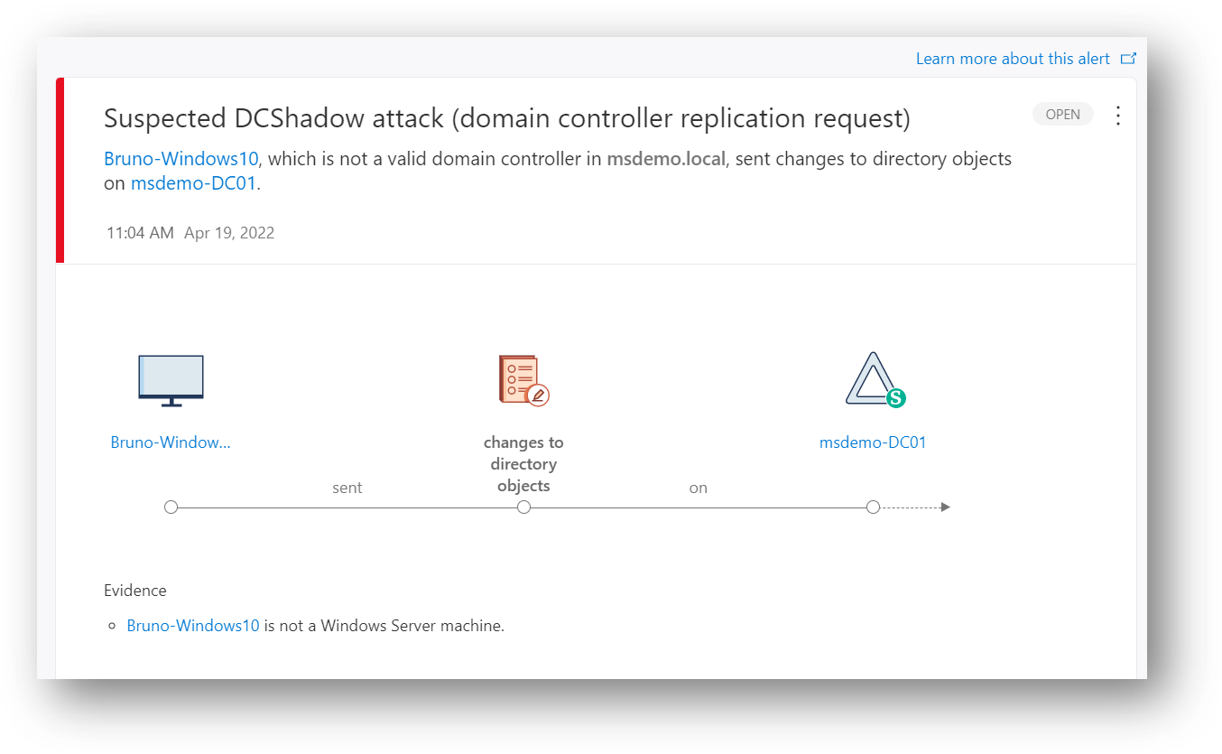 DCShadow 攻撃の疑い (ドメイン コントローラーの昇格) & (ドメイン コントローラー レプリケーション要求) アラートの詳細。