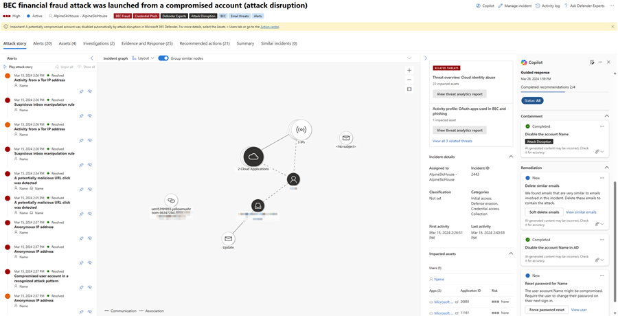 Microsoft Defender インシデント ページのガイド付き応答を含む Copilot ウィンドウを強調表示するスクリーンショット。