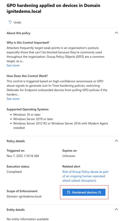 予測シールド アクションによって強化されたデバイスの数を示すアクティビティの詳細ウィンドウのスクリーンショット。