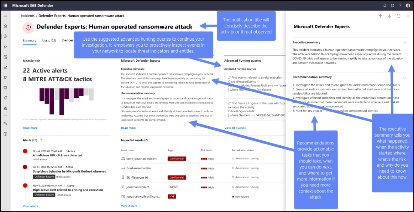 Microsoft Defender XDRの Defender エキスパート通知のスクリーンショット。Defender エキスパート通知には、監視された脅威またはアクティビティ、エグゼクティブの概要、推奨事項の一覧を説明するタイトルが含まれています。