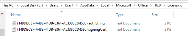 ローカル AppData フォルダー内の Office ライセンス ファイルを示すファイル パスのスクリーンショット。