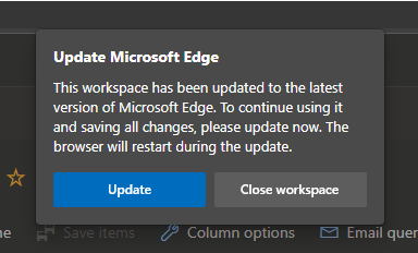 Microsoft Edge の更新を求めるメッセージ