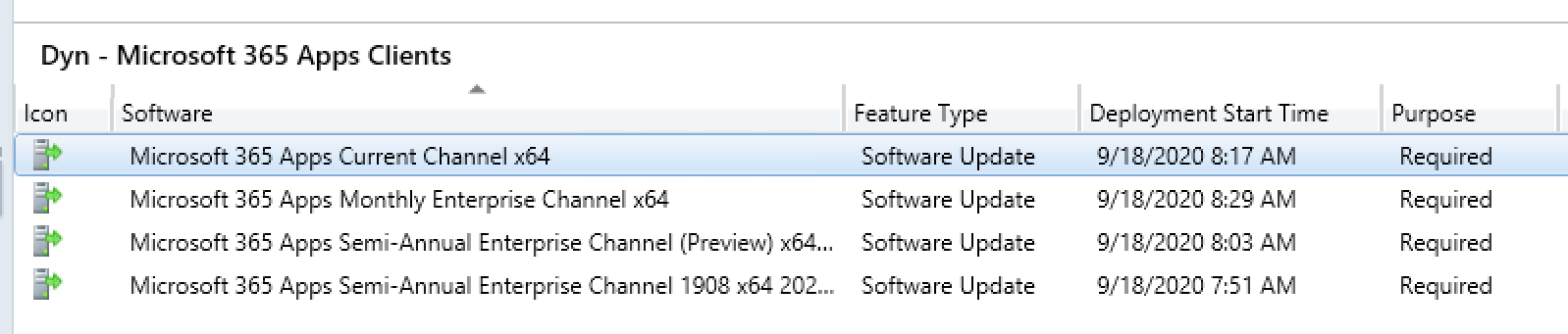 Configuration Managerのスクリーンショット。同じコレクションにデプロイされたさまざまなチャネルからの更新プログラムが示されています。