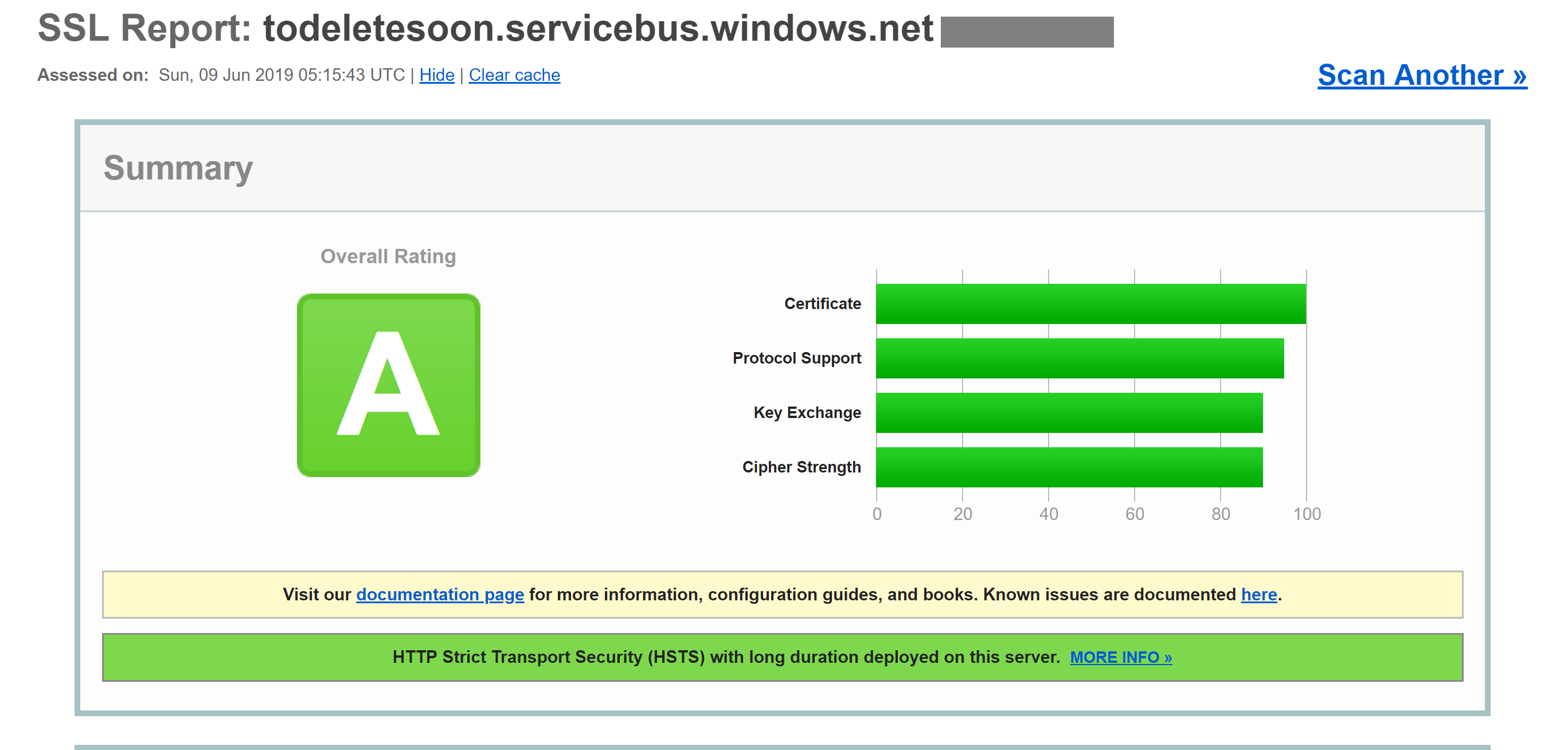 図 9-5 Service Bus エンドポイントの A のスコアを示す SSL ラボ レポート。