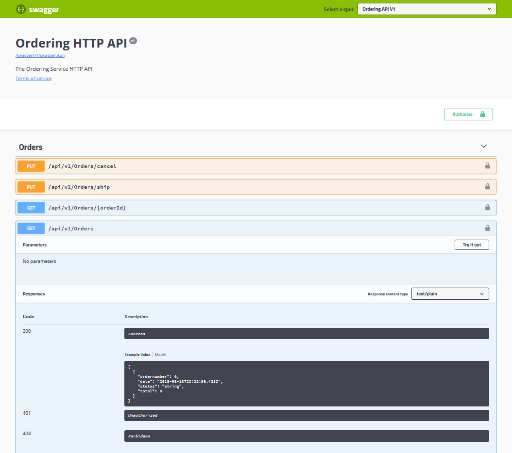 Screenshot of the Swagger UI page for the Ordering API.