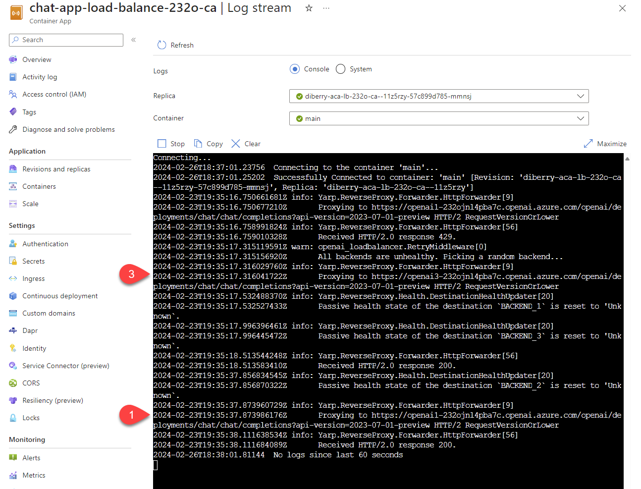 ログ コメントを示すために 2 つのログ行が強調表示された Azure Container Apps ストリーミング ログを示すスクリーンショット。