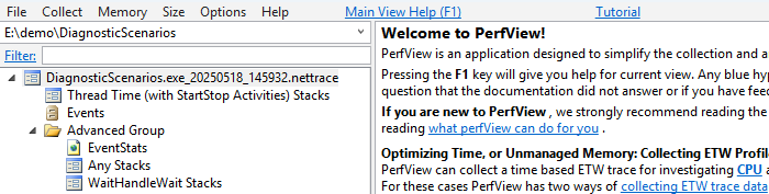 PerfView で nettrace を開くスクリーンショット