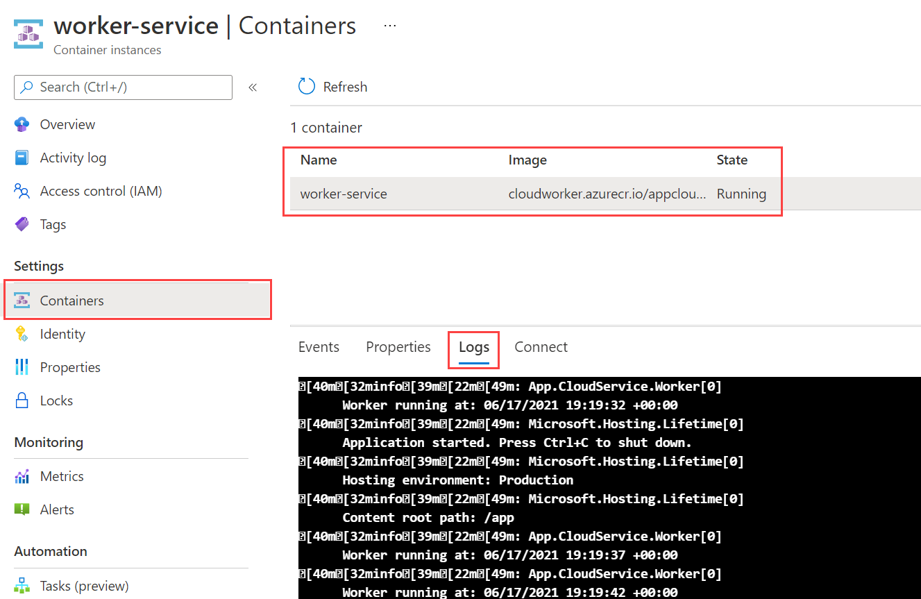 Azure portal: Container instance running