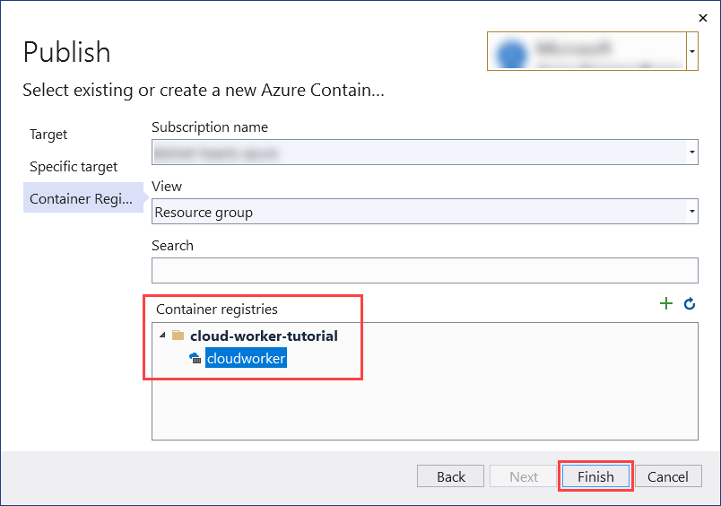 Visual Studio: Publish dialog - select container registry details