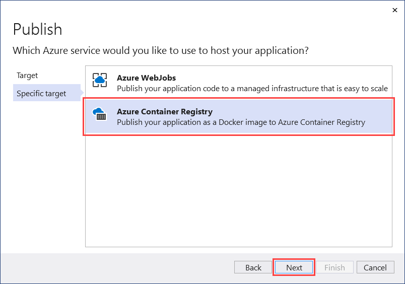 Visual Studio: Publish dialog - select container registry