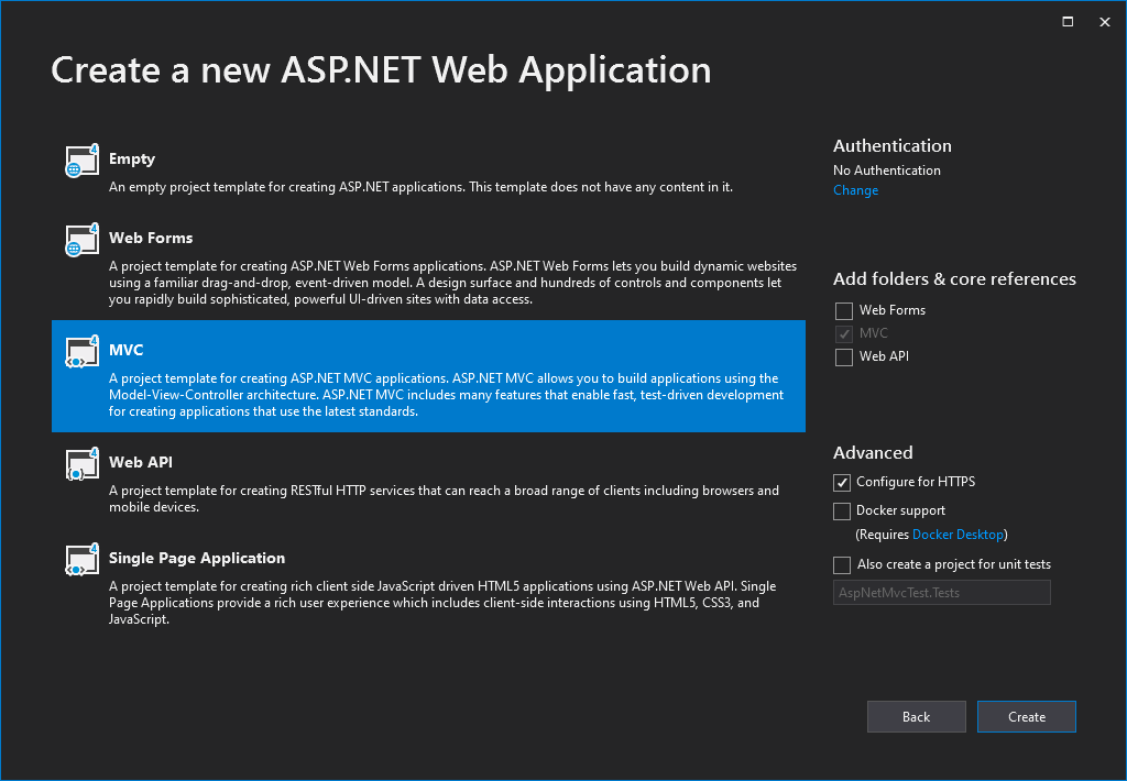 Visual Studio で ASP.NET MVC プロジェクトを作成する