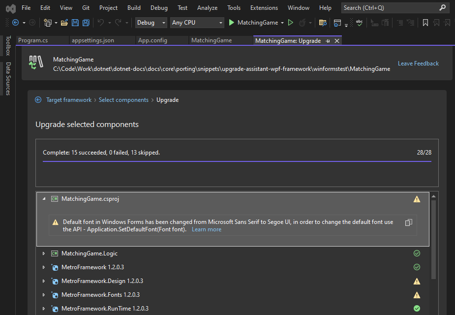 The .NET Upgrade Assistant's Upgrade results tab in Visual Studio.