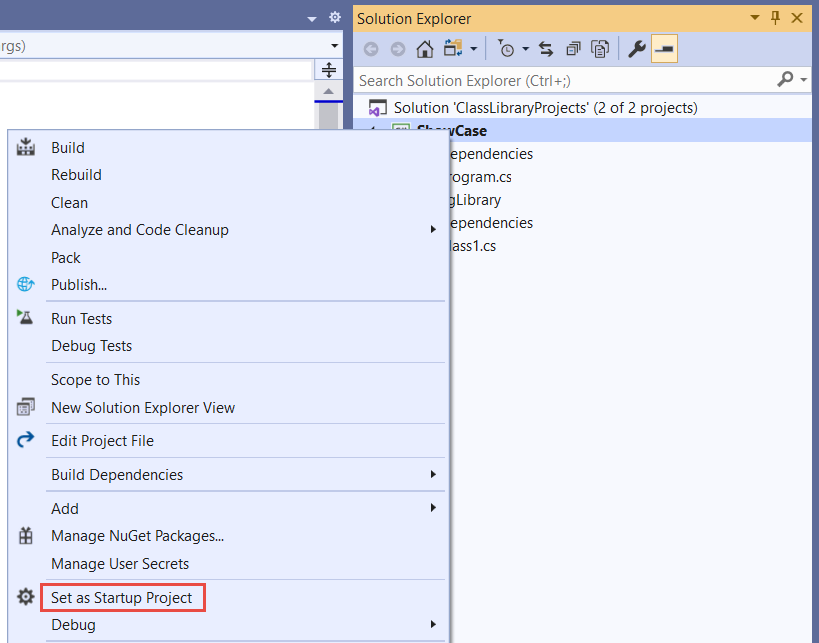 Visual Studio project context menu to set startup project