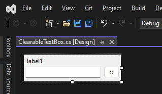 Visual Studio とデザインしたばかりのユーザー コントロールが表示されている Windows Forms。