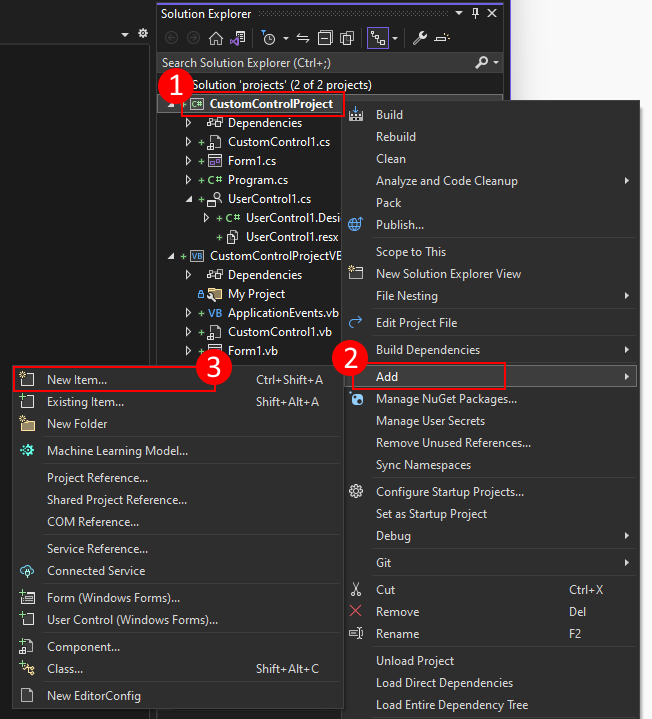 Visual Studio の画像。ソリューション エクスプローラー ウィンドウで、メニューを表示するプロジェクトが右クリックされました。メニューで強調表示されているのが [追加] メニュー項目で、サブメニューを表示して展開されます。サブメニューの [新しい項目] メニュー項目が強調表示されています。