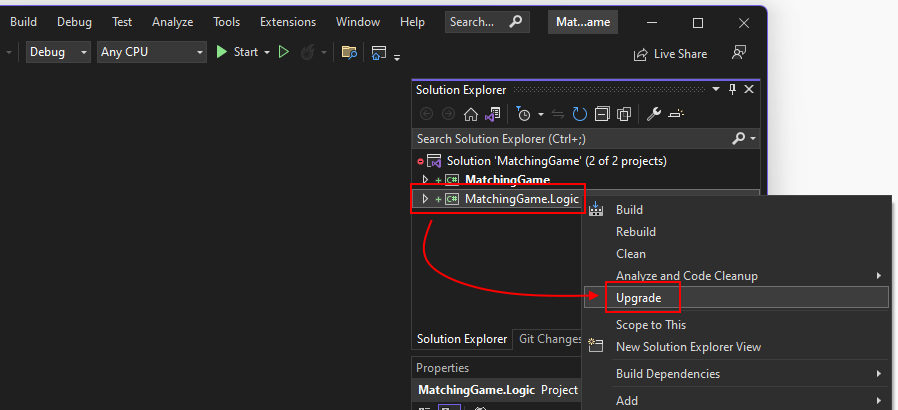 Visual Studio の .NET アップグレード アシスタントの [アップグレード] メニュー項目。