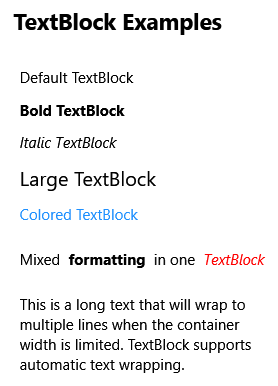 異なる TextBlock スタイルを示す WPF アプリのスクリーンショット。