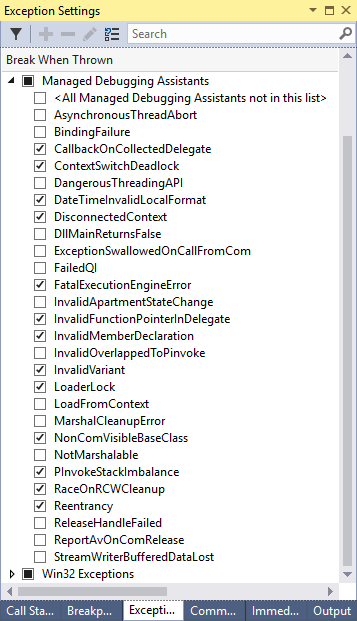 Visual Studio の [例外設定] ウィンドウ