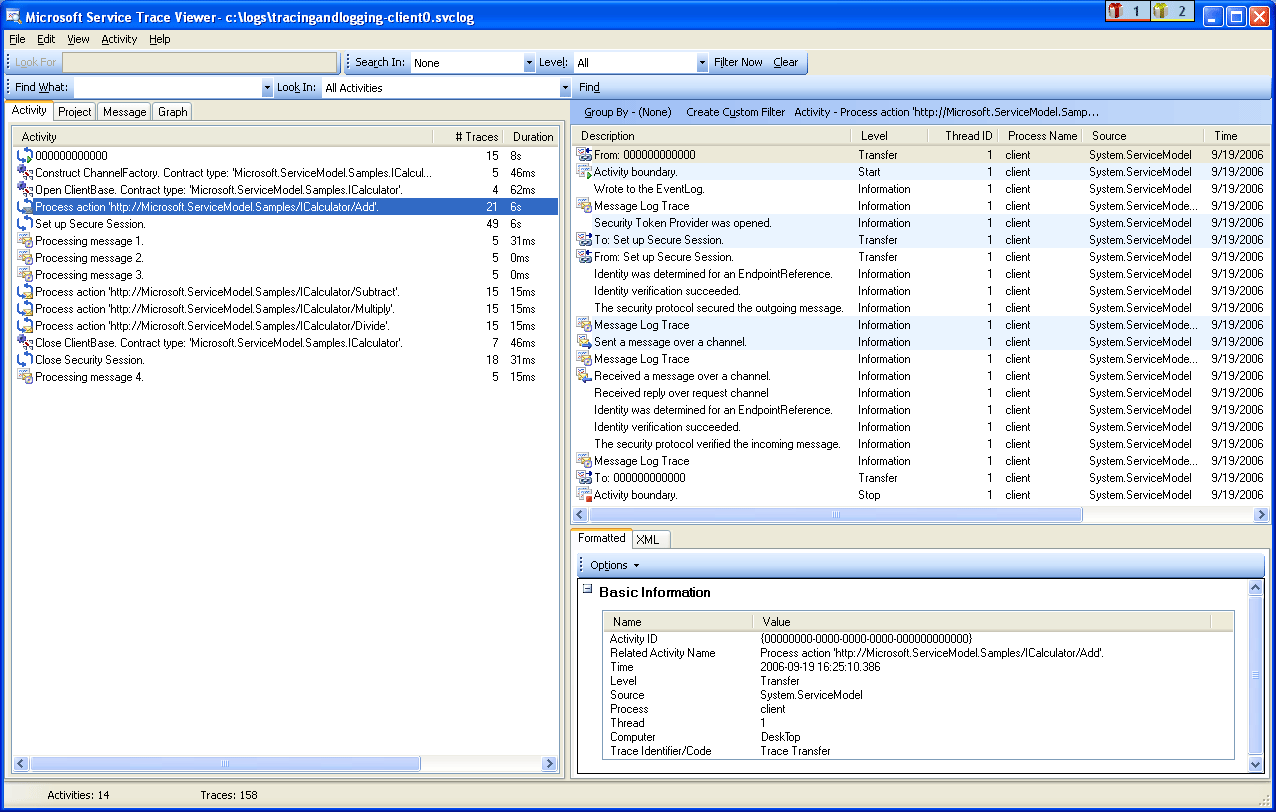 Screenshot showing WCF client activities listed by creation time.