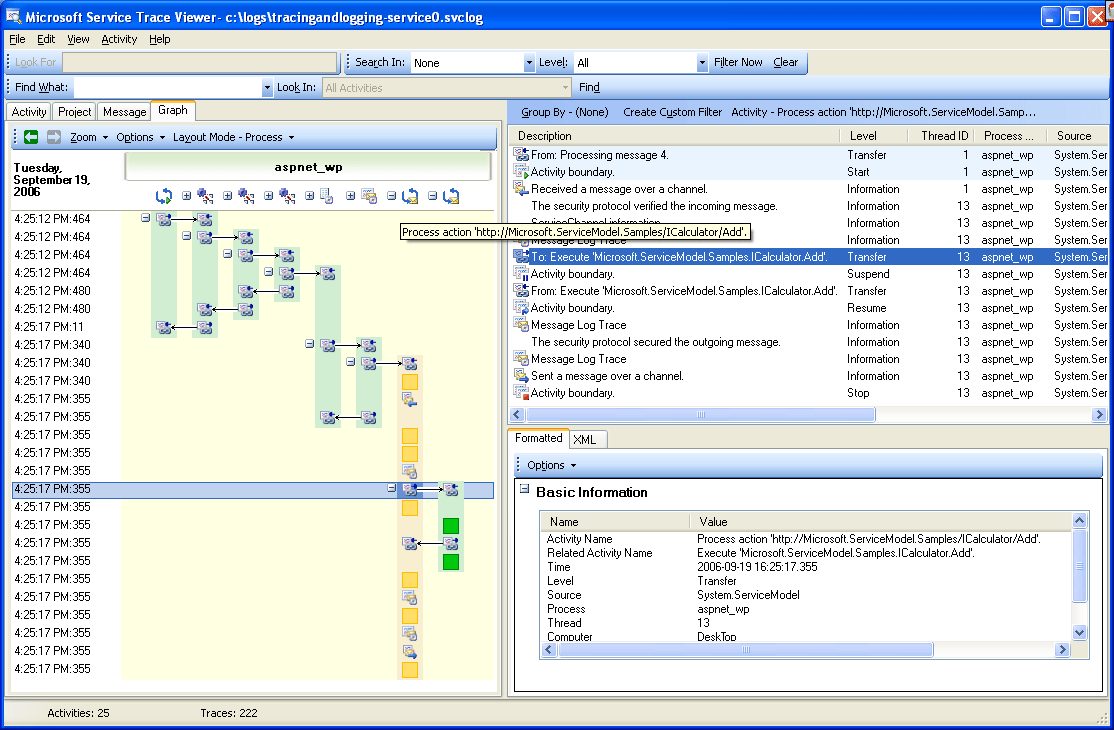 Screenshot of Trace Viewer showing a list of WCF service activities