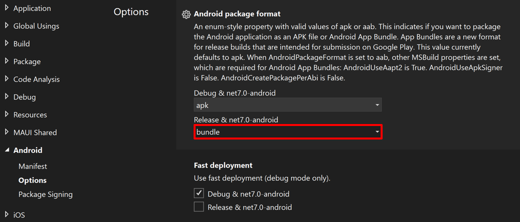 .NET MAUI Android アプリのパッケージ形式を APK に変更するスクリーンショット。