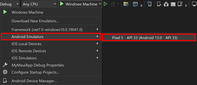 Visual Studio で Android デプロイ ターゲットを選択します。