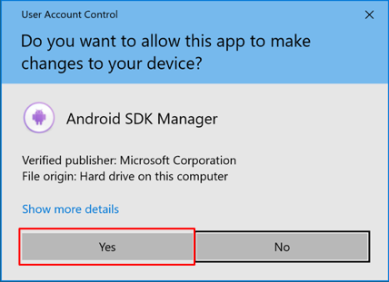 Android SDK ライセンス ユーザー アカウント制御ダイアログ。