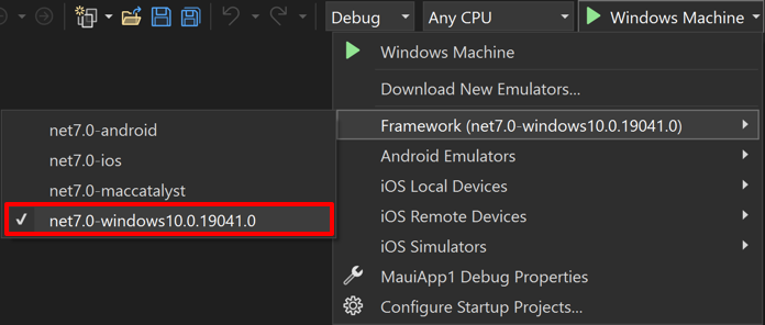 .NET MAUI の Windows マシン デバッグ ターゲットを選択します。
