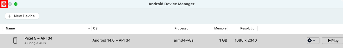 Android デバイス マネージャー ウィンドウを閉じます。