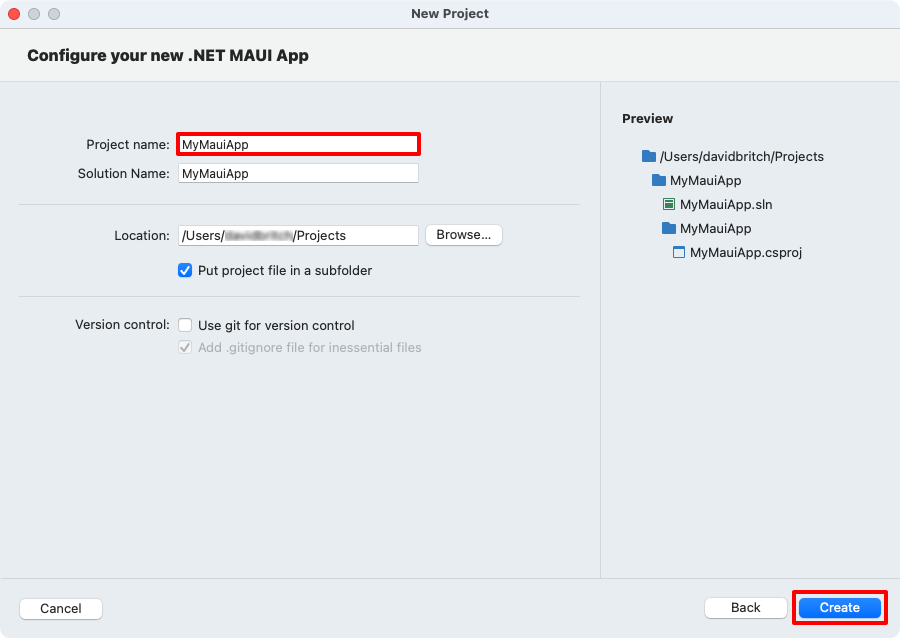 .NET MAUI プロジェクトに名前を付け、その場所を指定します。