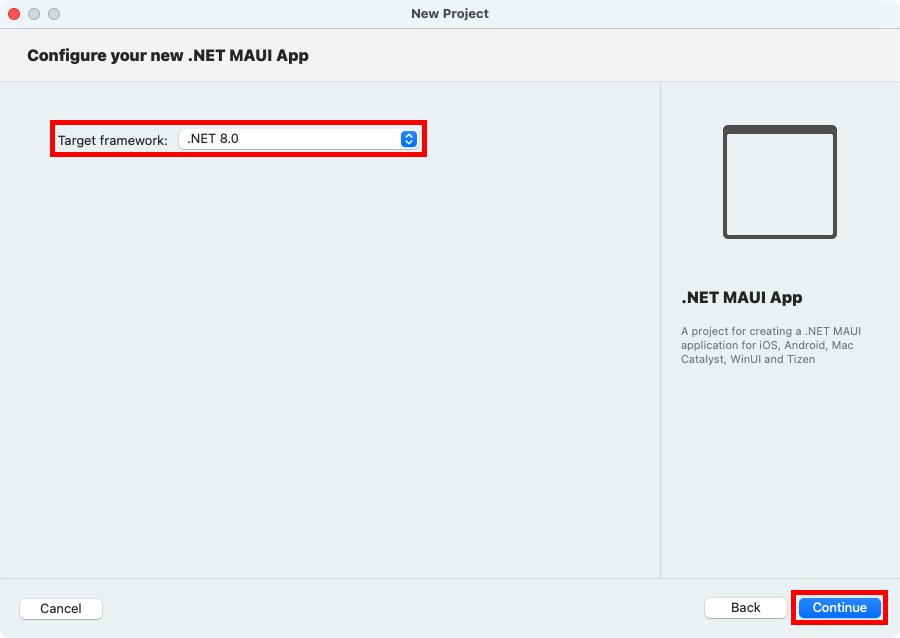 .NET MAUI アプリのターゲット フレームワークを選択します。