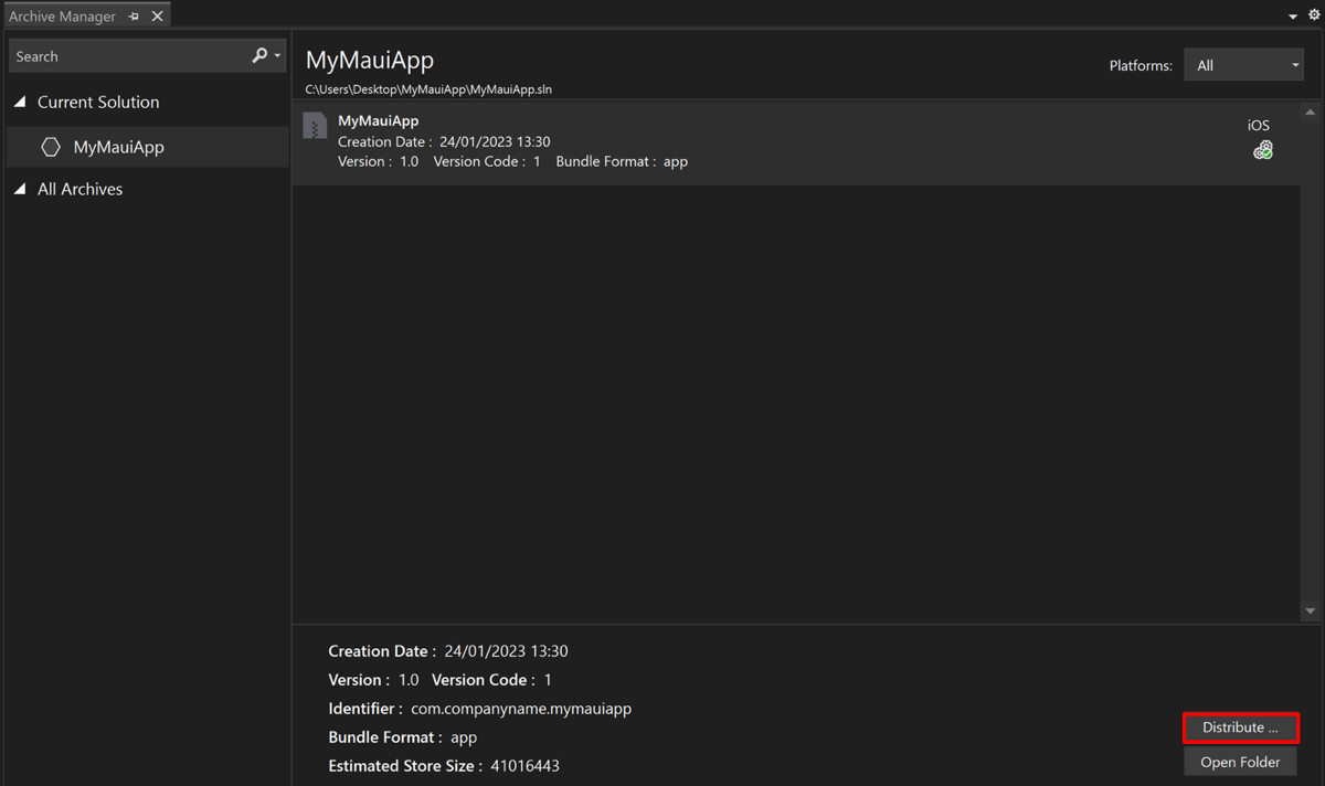 アーカイブが完了した Visual Studio のアーカイブ マネージャーのスクリーンショット。