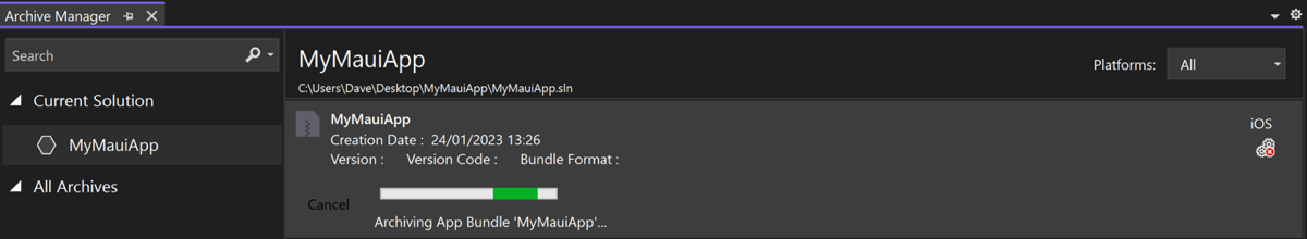 Visual Studio のアーカイブ マネージャーのスクリーンショット。