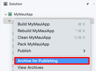 Visual Studio for Mac で [アーカイブ] メニュー項目を選択します。
