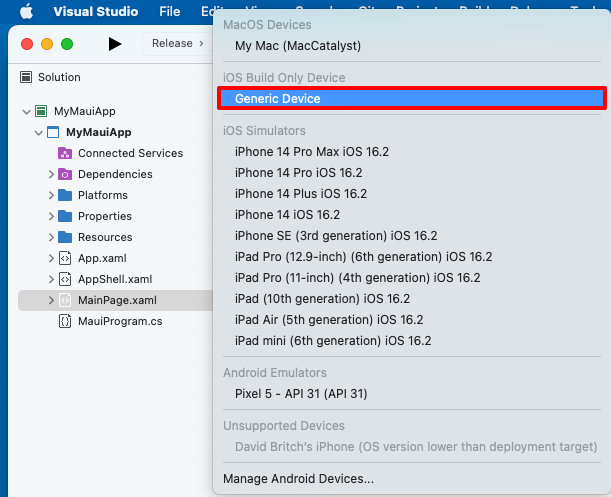 Visual Studio for Mac でビルド デバイスを選択します。