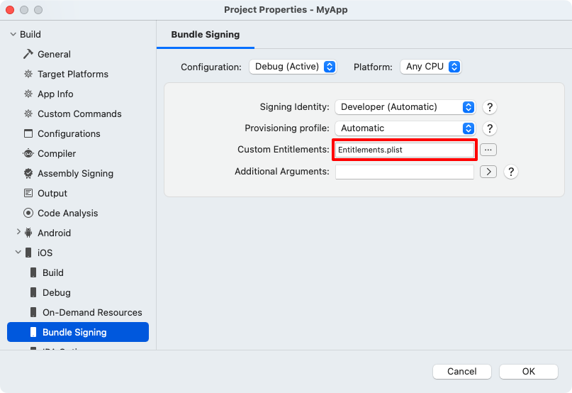 Visual Studio for Mac custom entitlements field set.