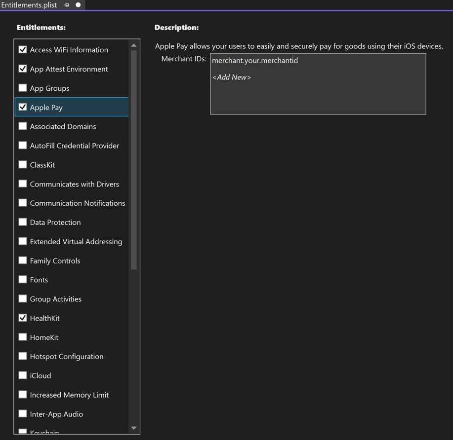 Visual Studio iOS エンタイトルメント エディタ