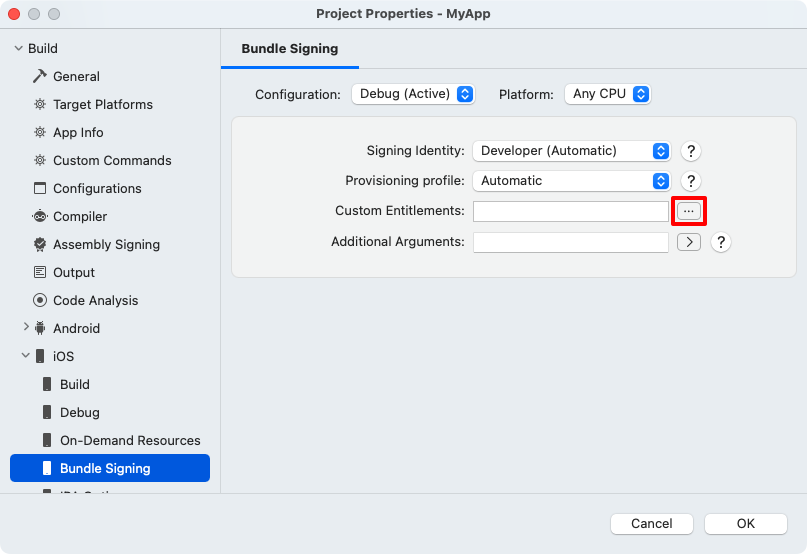 Visual Studio for Mac bundle signing properties.