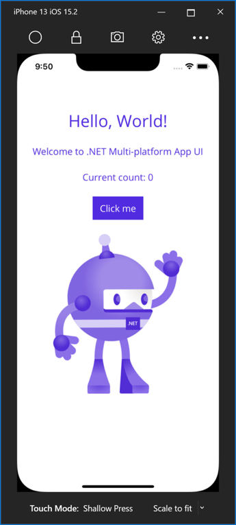 アプリを実行している Visual Studio iOS リモート シミュレーター。