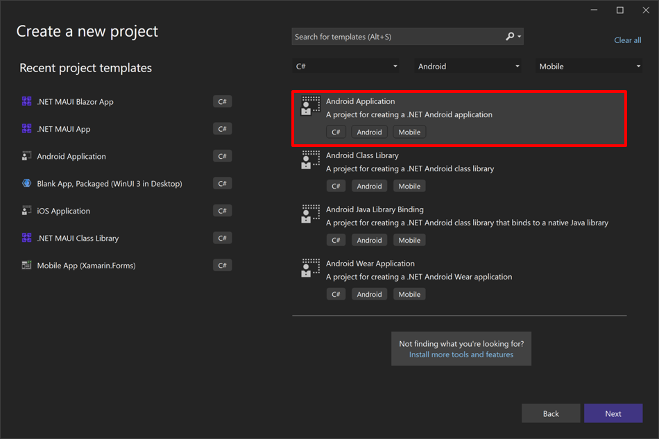 Visual Studio で Android アプリ プロジェクト テンプレートを選択するスクリーンショット。