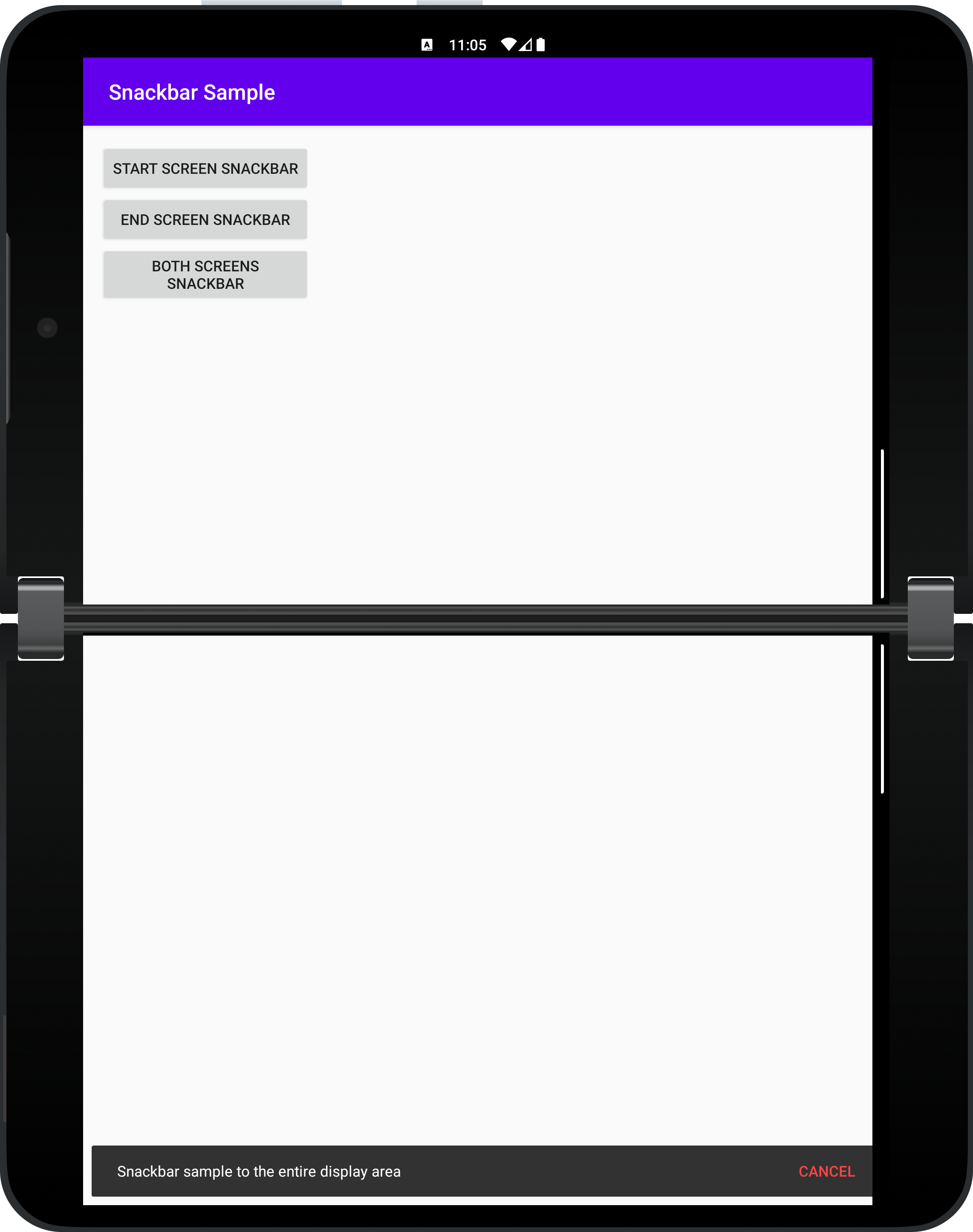 BOTH: snackbar on both screens, landscape orientation