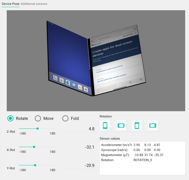 Surface Duo のシミュレートされたデバイスを示す [Device Pose]\(デバイス ポーズ\) プレビュー ウィンドウ