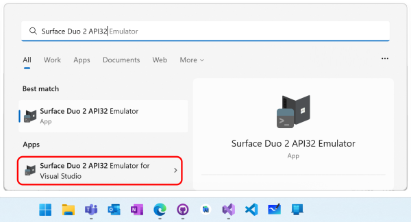 Surface Duo エミュレーターのスタート メニュー エントリ