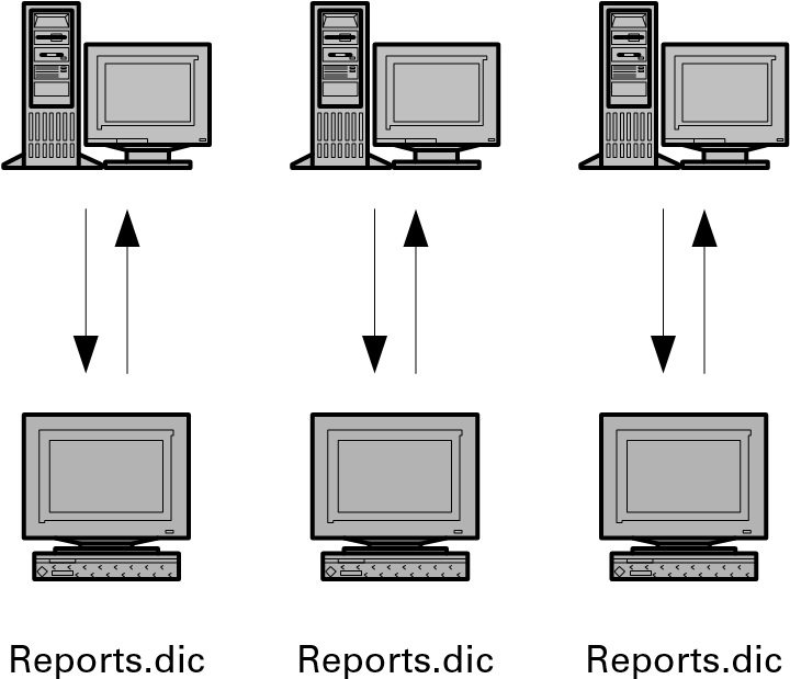 Illustration showing clients and process servers accessing the Reports.dic file.