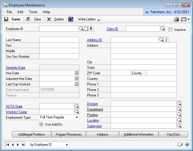Screenshot of an Employee Maintenance window, which shows the Use Add-On box is checked.