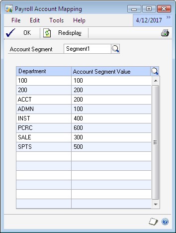 Screenshot of the Payroll Account Mapping window.