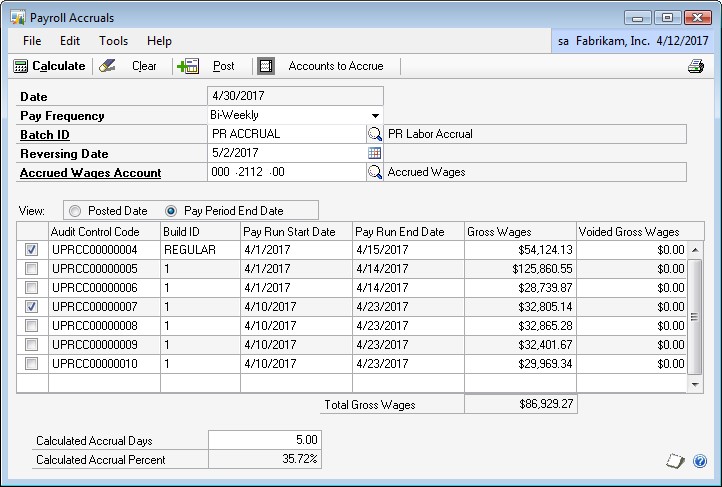 Screenshot of the Payroll Accruals window, which shows the pay frequency is set to Biweekly and the reversing date is set to 5/2/2017.