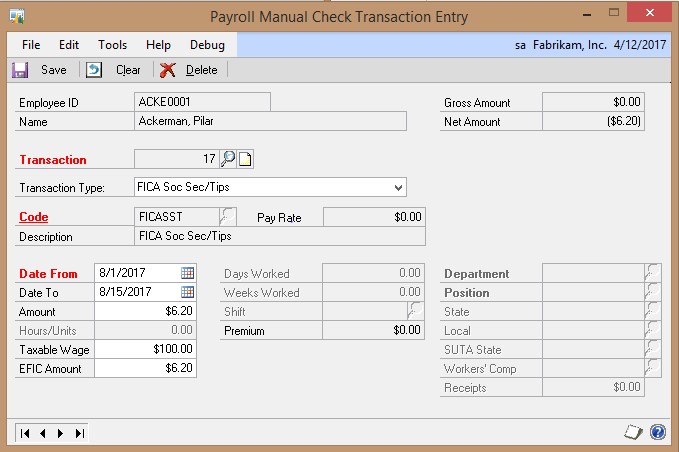 Screenshot of the Payroll Manual Check Transaction Entry window, showing FICA Soc Sec/Tips selected as the transaction type.