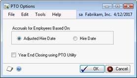 Screenshot that shows the PTO Options window.