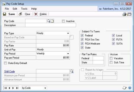 Screenshot that shows the Pay Code Setup window.